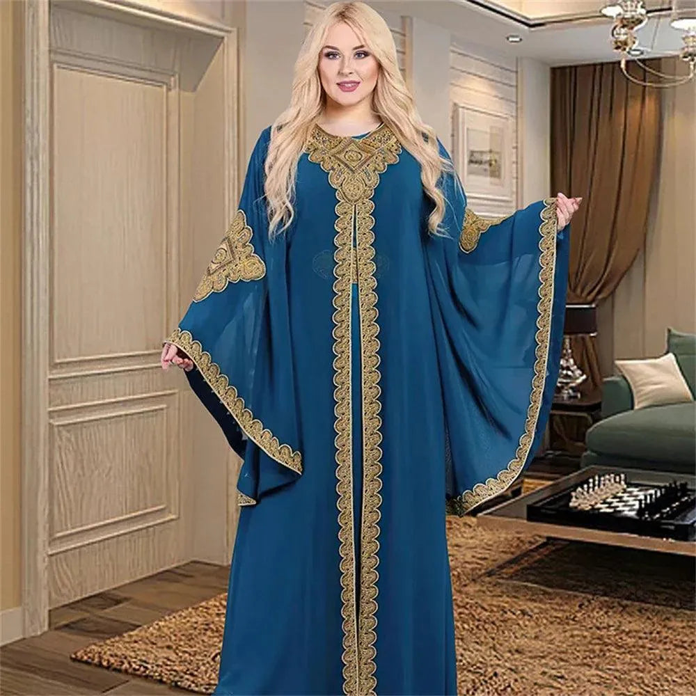 Two Piece Set Dress African Dresses for Women Traditional Gold Embroidery Clothing Islam Kaftan Abaya Musulman Robe Femme