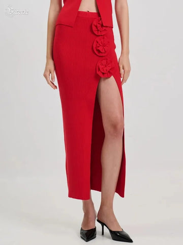 VC Stylish Chic Casual Red High Waisted Midi Bandage Dress Three Dimensional Roses and Slits Party Outdoor Skirt