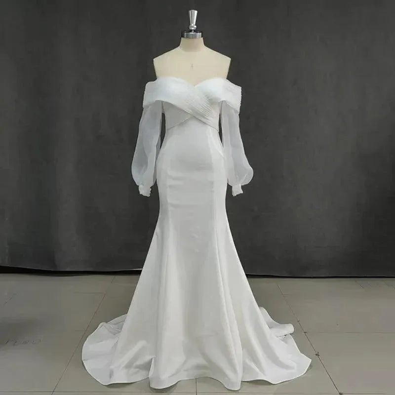 Matt Soft Satin Mermaid Wedding Dresses Off The Shoulder Puff Sleeve Bride Dress Elegant Classic Real Wedding Gowns White