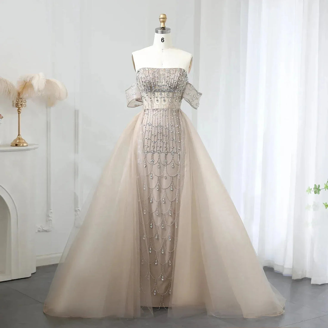 Luxury Champagne Mermaid Arabic Evening Dress with Detachable Skirt Sage Green Dubai Women Wedding Party Gowns Evening Dress