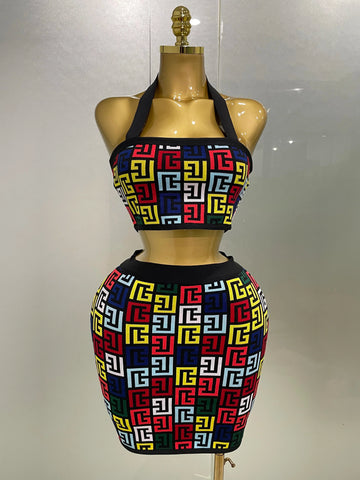 Women  New Sexy Backless Halter Jacquard Two Piece Mini Skirt Bandage Set Celebrity Designer Evening Party Women's Set