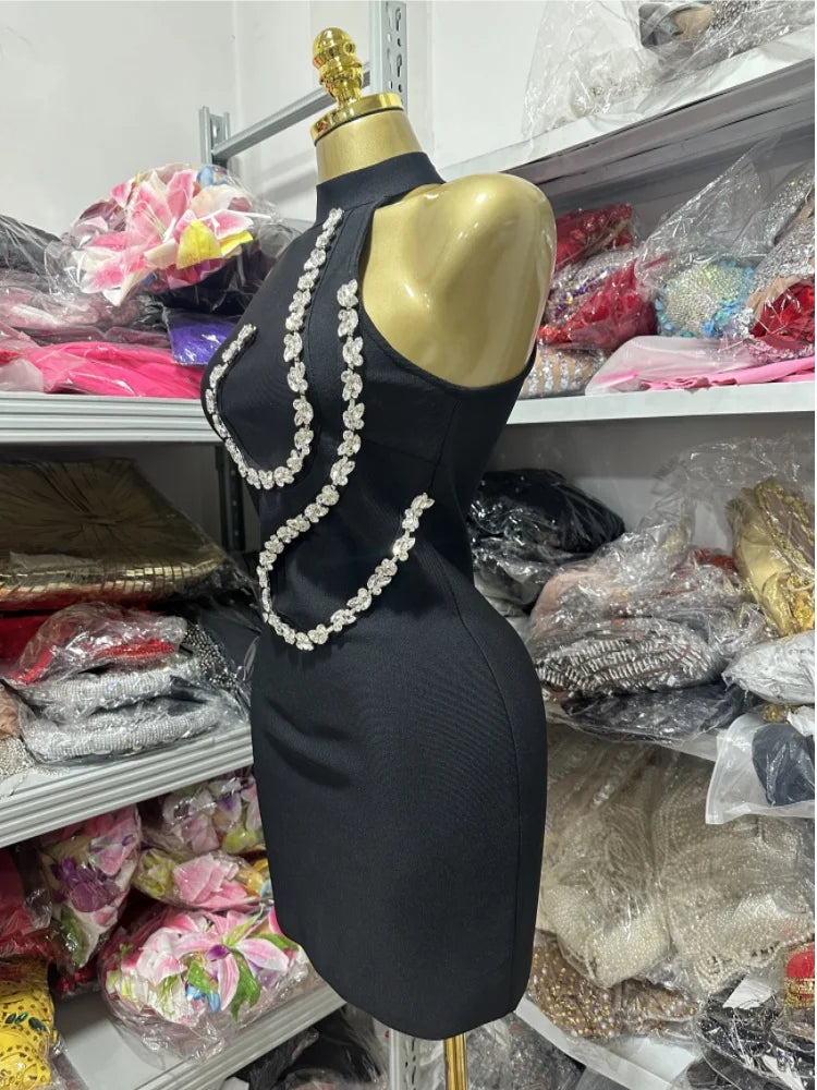 2025 New Summer Women Sexy Off the Shoulder Shinning Crystal Bodycon Mini Bandage Dress Nightclub Party Celebrate Birthday Wear