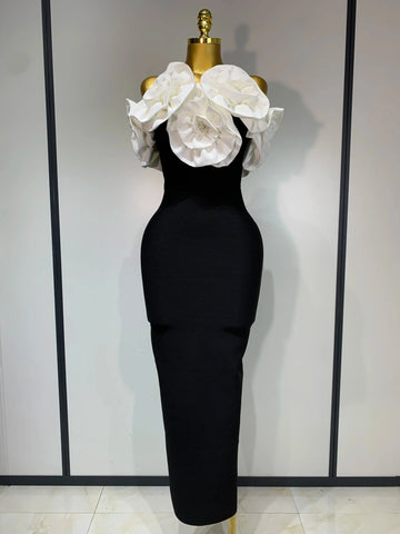 Women Sexy Off Shoulder Flower Diamonds Long Bodycon Bandage Dress  Celebrity Elegant Evening Luxury Birthday Party Dresses