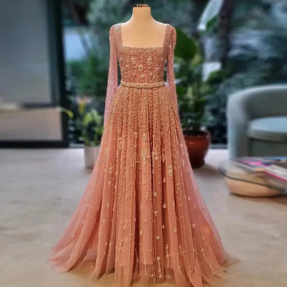 Luxury Pink Dubai Evening Dresses for Women Wedding Square Neck Cap Sleeves Arabic Muslim Formal Party Gowns Evening Dress