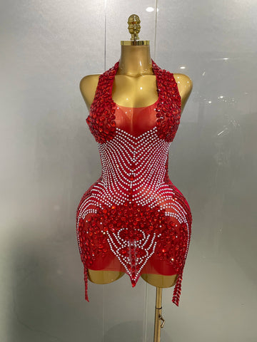 2025 New Sexy Sparkly Rhinestones Halter Backless Mesh Velour Short Dress Women Evening Prom Celebrate Birthday Party Stage Wear