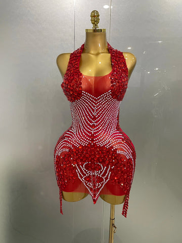 New Sexy Sparkly Rhinestones Halter Backless Mesh Velour Short Dress Women Evening Prom Celebrate Birthday Party Stage Wear