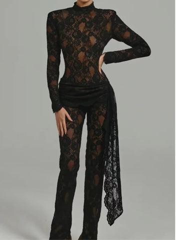 Combinaison longue moulante en dentelle sexy à manches longues noire et blanche pour femmes, drapée, pour soirée en boîte de nuit, fête, scène de chanteuse