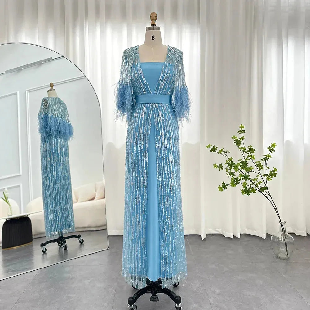 Robe de soirée de luxe jaune clair à plumes de Dubaï pour femmes