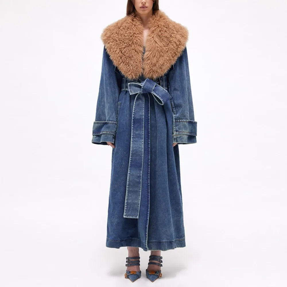 Denim Long Lace Overcoat Denim Trench Coat TACSTRUN Women's Winter