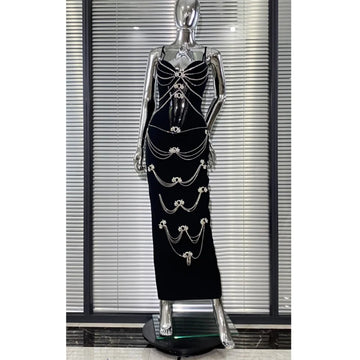 Luxury Woman Haute Couture Evening Dress Sparkling Diamonds Strapless Black Ankle Length Bandage Dress Birthday Party Outfit