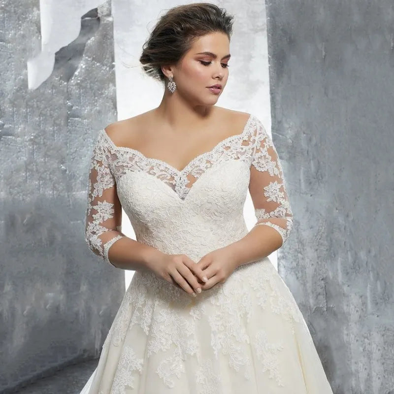 Plus size trouwjurk vrouwen lieverd a-lijn van de schouder halve mouwen vestido de novia elegante kanten applique hof trein