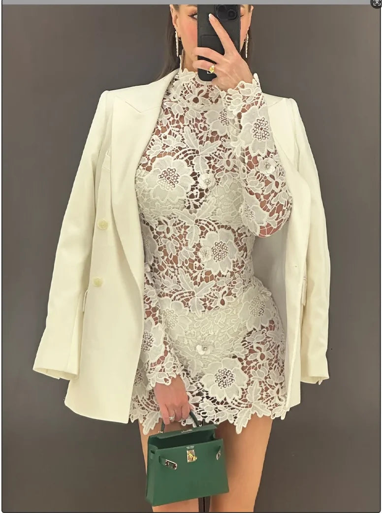 White Color Women Long Sleeve Sexy Lace Hollow Out Bodycon Mini Dress Nightclub Party Celebrate Birthday Fashion Wear