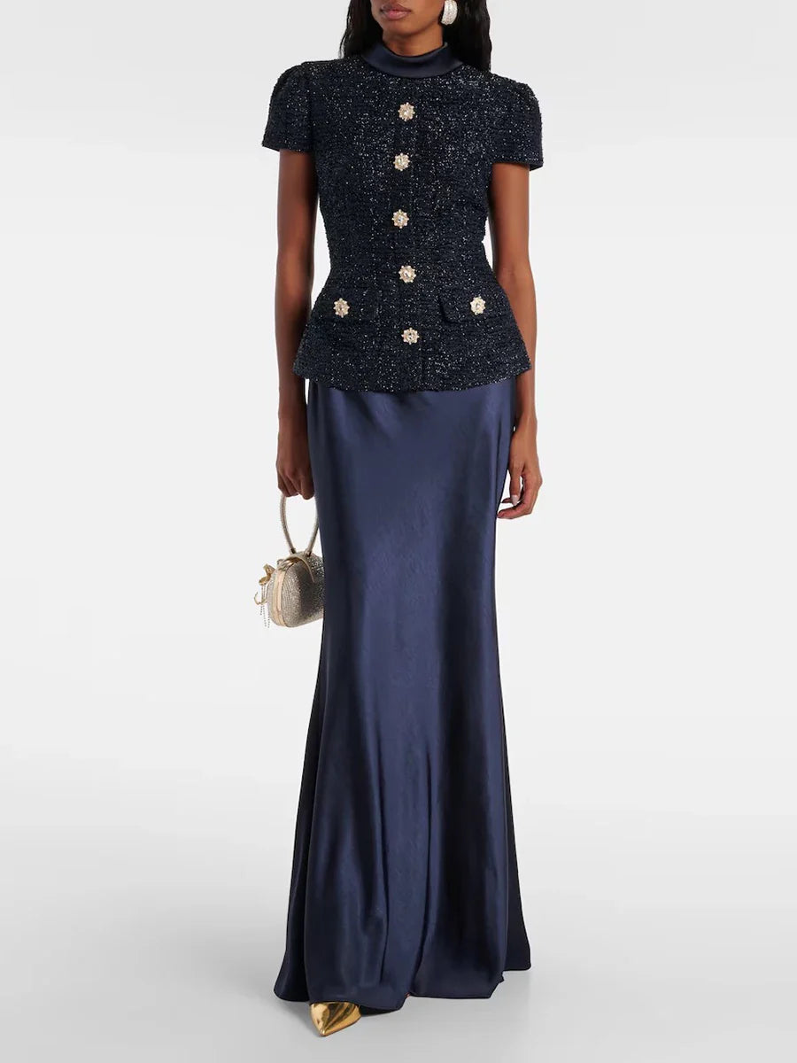 Solid Slimming Two Piece Sets for Women Round Neck Short Sleeves Spliced Button Top High Waist Skirt Set Female New