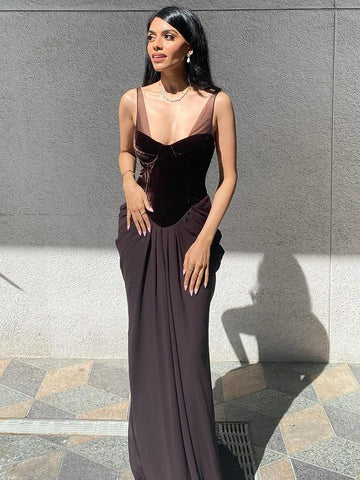 VC Robe maxi chic sans manches avec corsage en velours et drapé en chiffon pour réceptions haut de gamme, robe de soirée