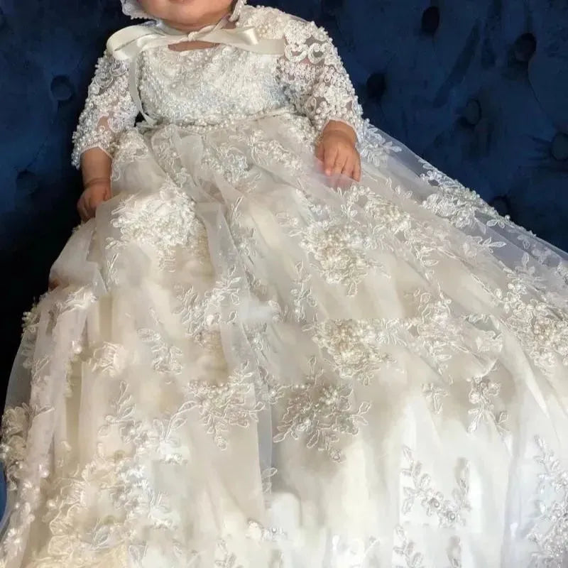 Baby Infant Girls Christening Gowns With Lace Applique Baptism Dress 3m-24m Flower Girl Baptism