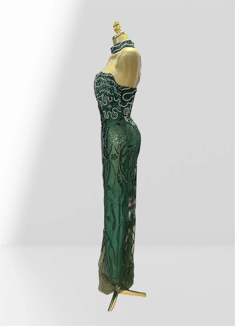 Luxury Green Women Gown Dress Celebrity Birthday Vestido Sparkling Diamond Pearl Beading Sequin Embroidery Floor Length Dress