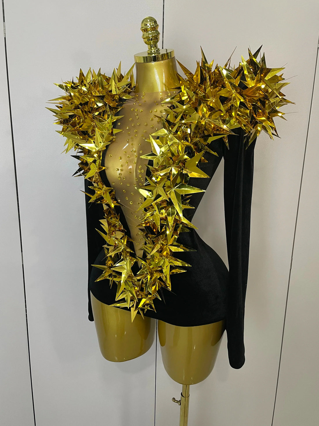 Shiny Gold Rhinestone Black Velvet Long Sleeve Bodysuit  Women Evening Party Club Gala Hosts NightClub Bar Stage Costumes