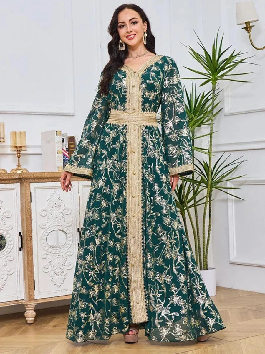 Fashion Floral Print Party Dress Female Lace Tape Full Sleeve V-Neck Sashes Muslim Elegant Women Evening Clothing White Dress