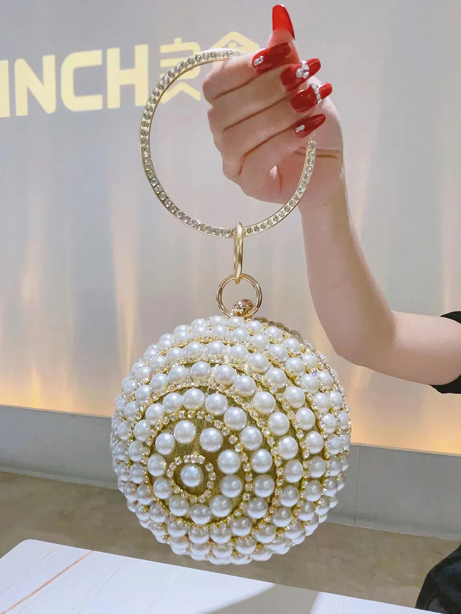 Round Pearl Clutch Purse Mini Handbag Luxury Elegant Evening Bag Ring Handle For Women Bride Bridesmaid Wedding Party Handbag