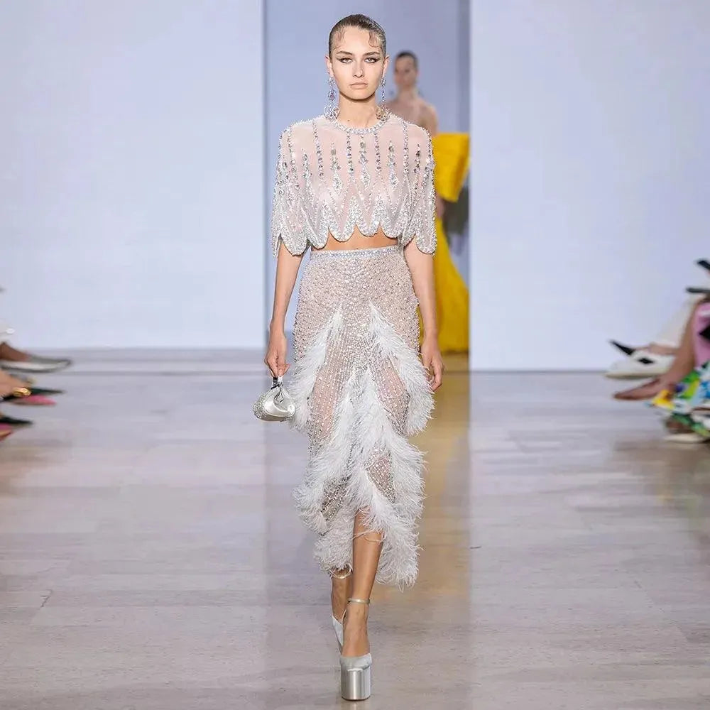 Luxury Dubai White Feathers Two Pieces Evening Dresses for Women Wedding Beaded Midi Short Prom Party Gowns Evening Dress