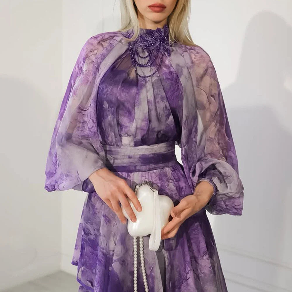 Hit Color Sheer Spliced 3D Flower Dresses for Women Round Neck Long Sleeves Patchwork Ruffles Folds Dress Female