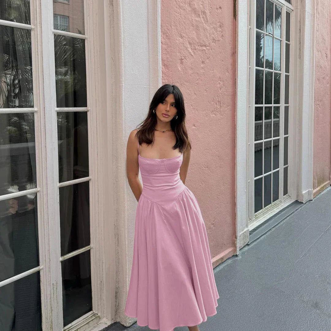 Suninheart Summer Elegant Midi Spaghetti Strap Dresses Slim V Neck A Line Party Dress Khaki Casual Dress Women's Clothing Purplepink