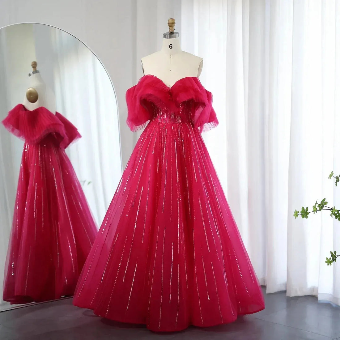 Luxury Dubai Ball Gown Fuchsia Evening Dress for Women Wedding Off Shoulder Arabic Celebrity Party Gown Fuchsia Evening Dress