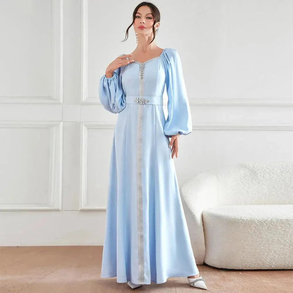 Abaya For Women Ramadan Gurban Puff Sleeves Museum Fashion Autumn New Style Elegant High Waist Studied Diamond Dress Robe