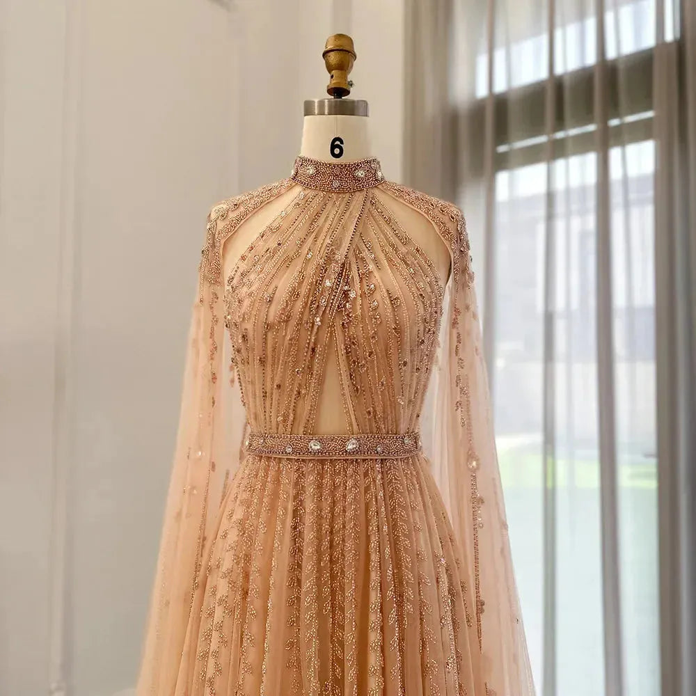 Luxury Dubai Evening Dress with Cape Sleeve Elegant Long Arabic Formal Dresses for Women Wedding Party Evening Dress