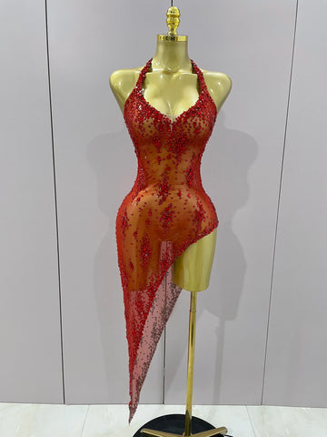 New Sparkly Rhinestone V Neck Stretch Mesh Sexy See Through Dress Women Elegant Party Celebrate Perform Costume Stage Outfi