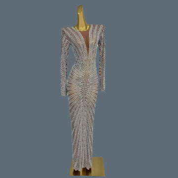 Glitter Cocktail Maxi Dress Women Lxury Pearl Diamonds Prom Gowns Celebrity Evening Party Elegant Frock Singer Costume Tanhaung