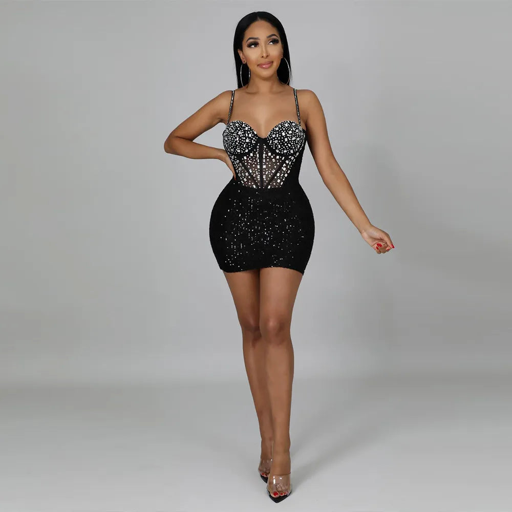 Diamond Set Hot Diamond Beads Nightclub Party Sexy Halter Dress