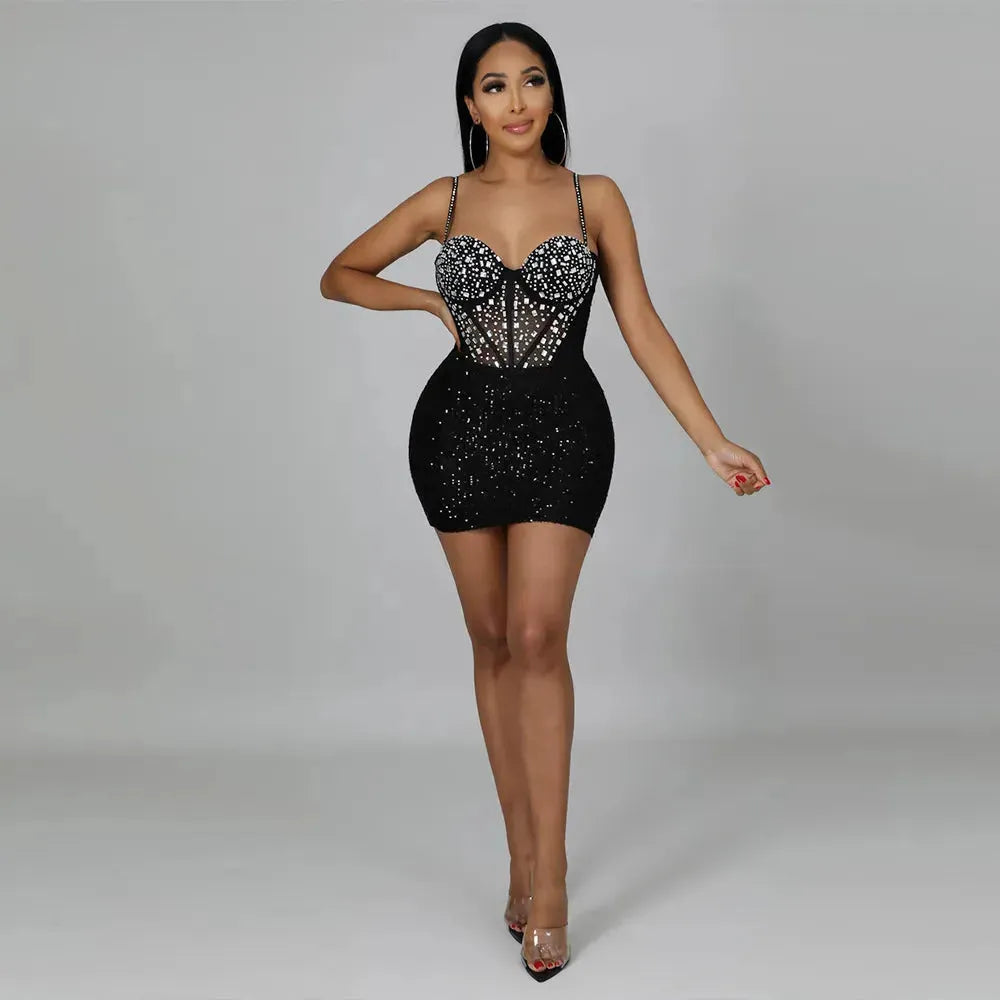 Diamond Set Hot Diamond Beads Nightclub Party Sexy Halter Dress