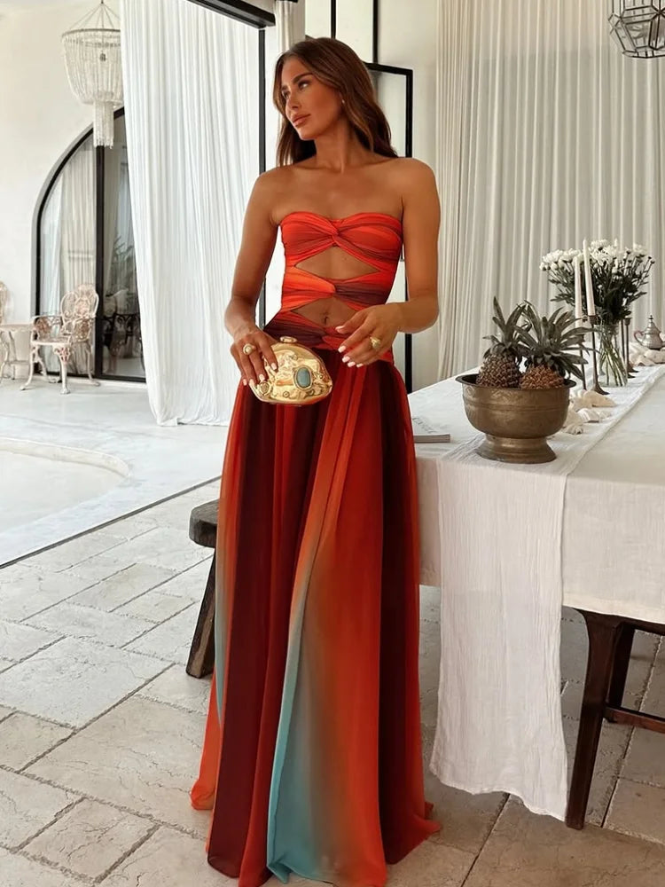 Tie-dye Gradient Hollow Out Women's Maxi Dress Elegant Off Shoulder A-line Hem Long Dresses New Summer 2025 Holiday Female Robes