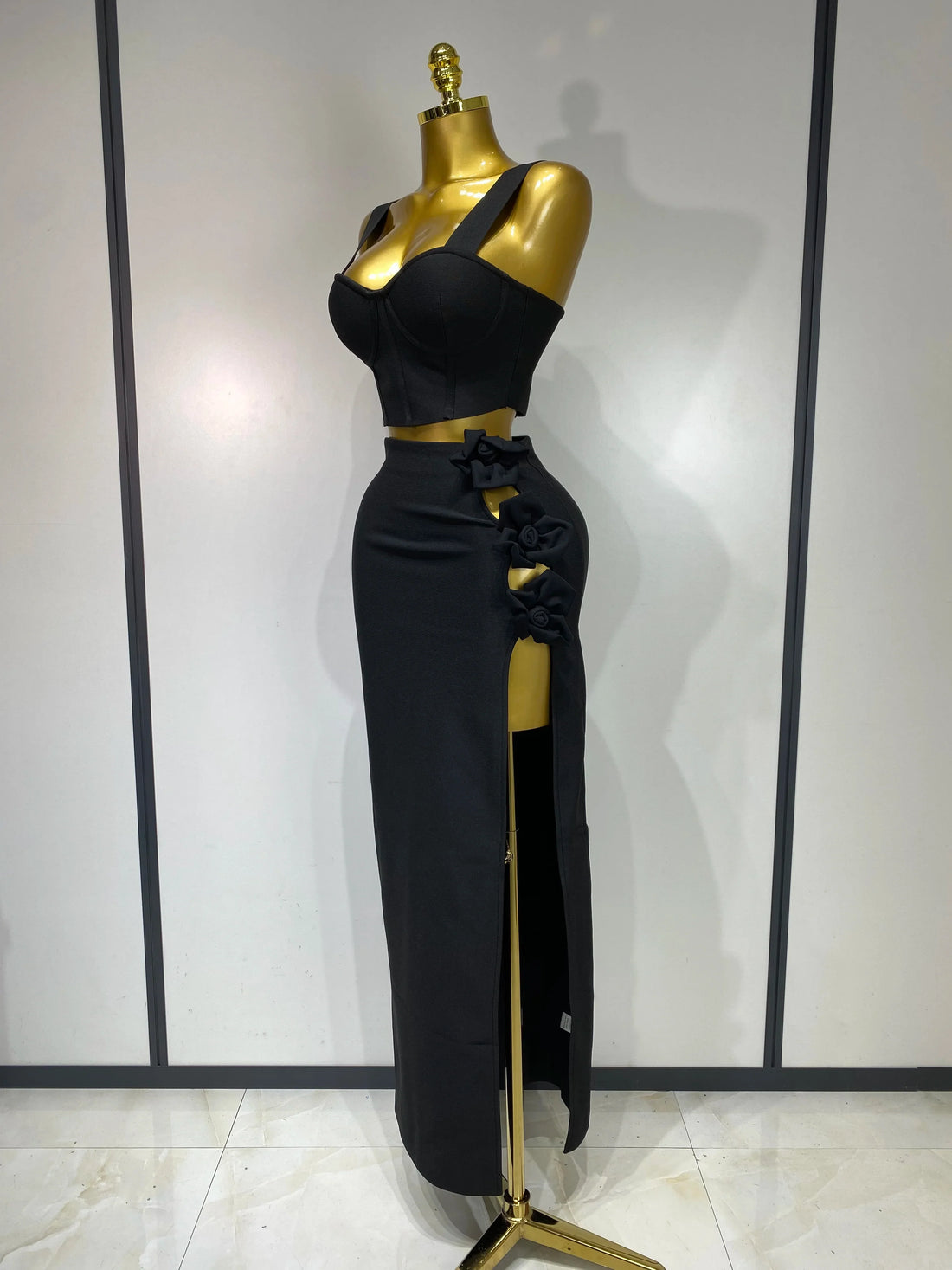 Summer New 2025 Women Sexy Flower Black Red Bandage Two Piece Set Celebrity Evening Party Skirt Suits Luxury Birthday Outfit