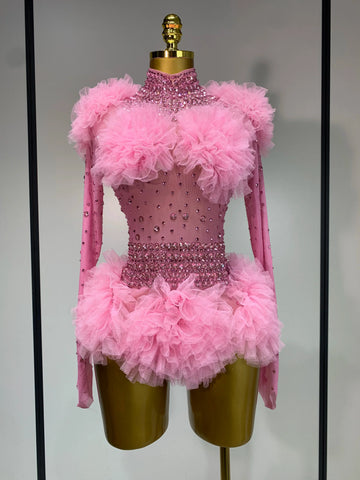 Sexy See Through Rhinestone Bodysuit 2025 Women Sexy Tight Mesh Ruffles Performance Dancer Singer Costume Nightclub Stage Outfit