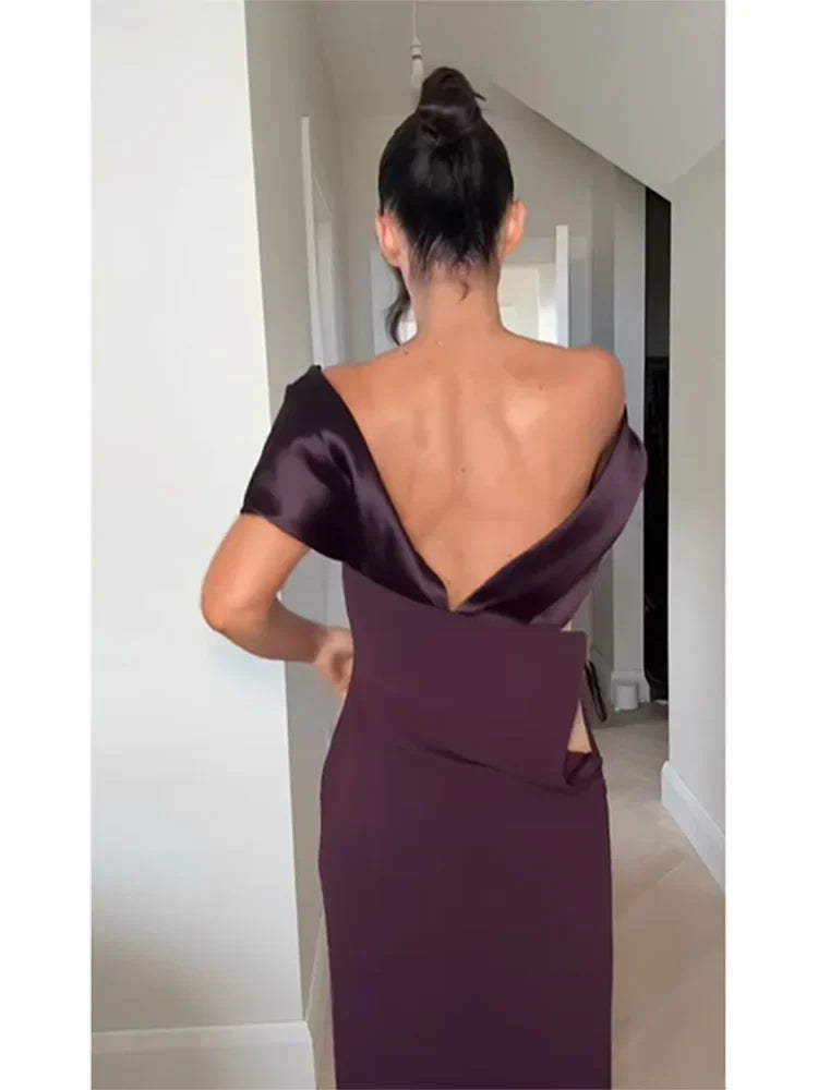 Elegant Purple Satin Patchwork Off Shoulder Midi Dresses New Lady Sleeveless Backless Slim Fit Long Vestido Evening Party Gowns