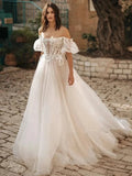 Vintage Simple Wedding Dresses Boat-Neck A-Line Bridal Gowns Lace Appliques Tulle Robes Off The Shoulder Vestidos De Novia