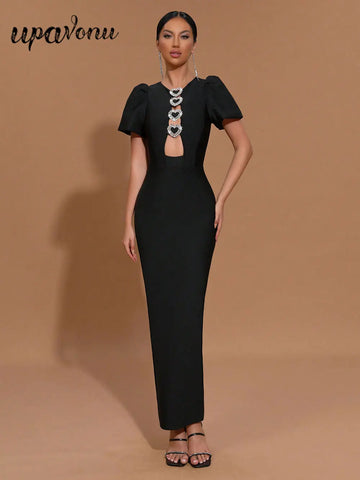 2025 Sexy Women Three-Dimensional Heart-Shaped Design Hollow Bandage Dress O-Neck Short Sleeved Bodycon Black Long Dress Vestido