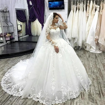 Nuoxifang Eleganti maniche lunghe abiti da sposa più dimensioni White Robe de Mariee Appliques abiti da sposa in pizzo Vestitido de noviias