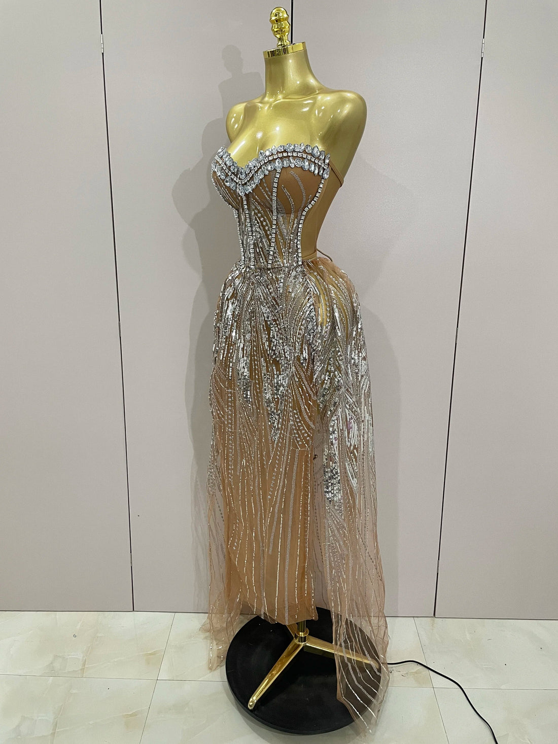 Sparkly Rhinestone Sequins Sexy Strapless See-Through Long Dress Women Evening Birthday Party Dress Nightclub Stage Costume