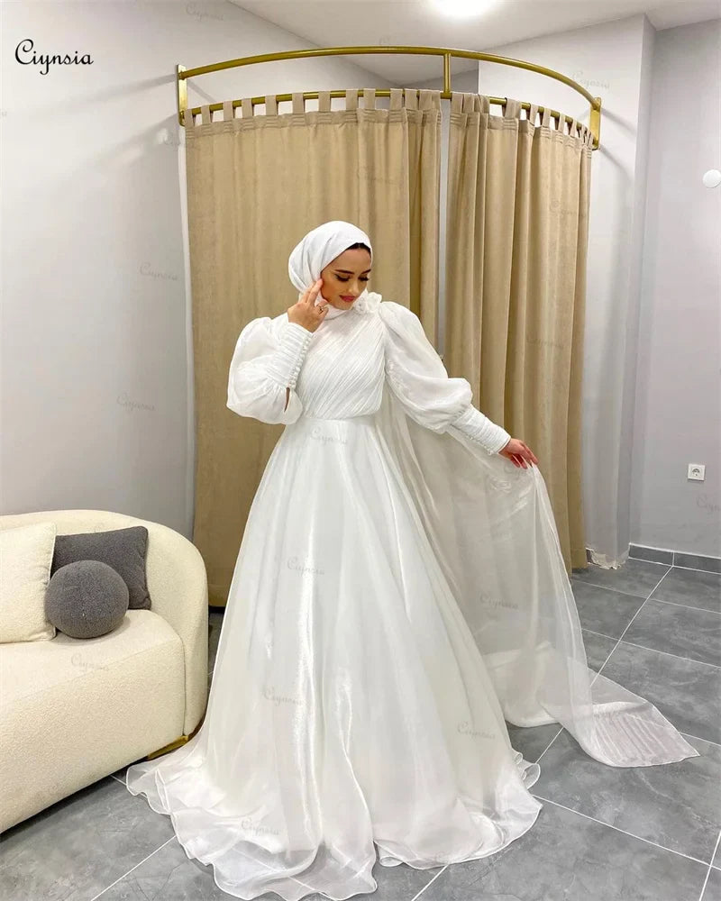 Vestido de novia musulmán con hijab de corte A para novia, color blanco roto, Abaya, vestido de novia, manga larga, vestido de boda