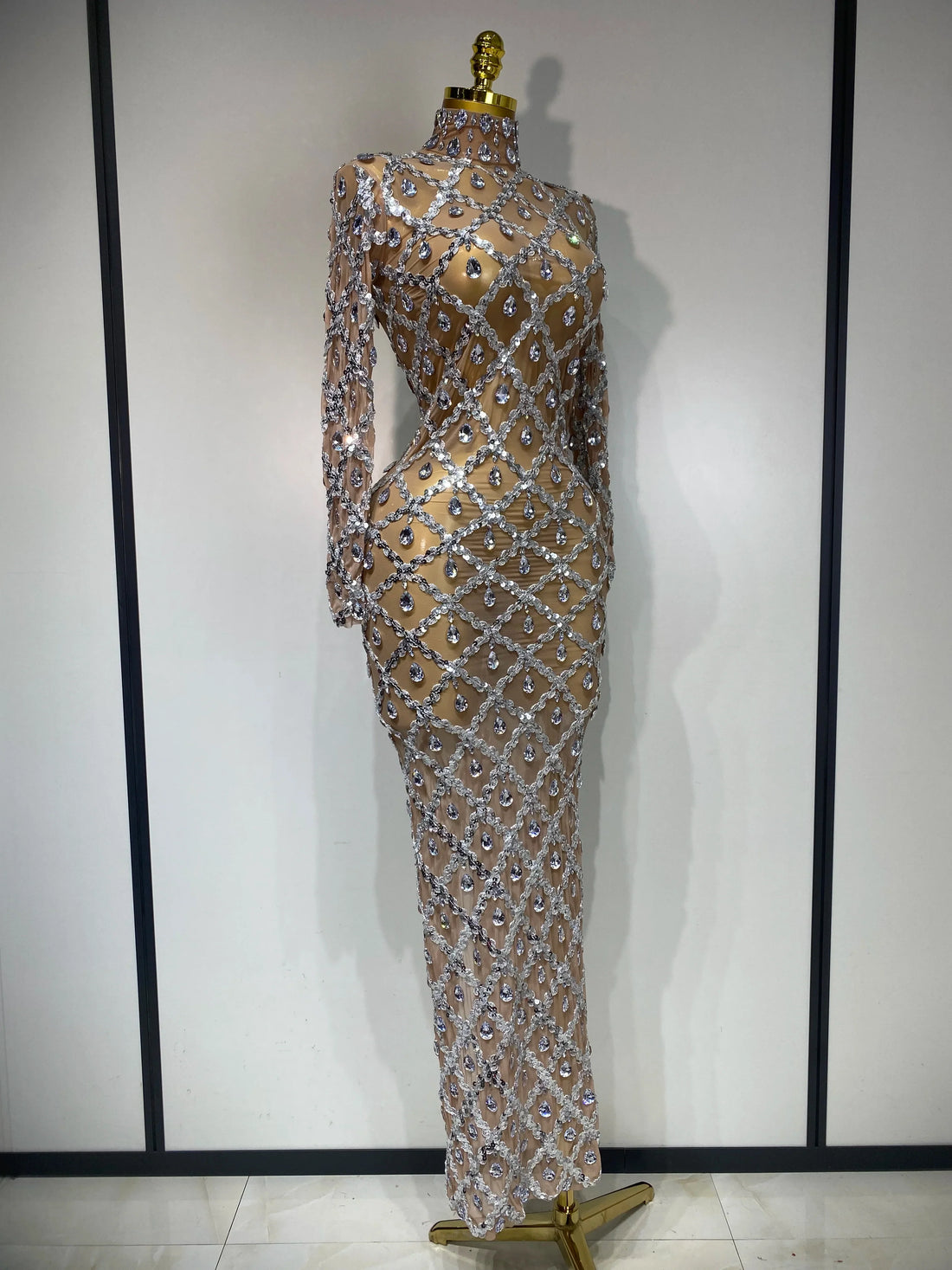 Women Sexy Luxury Birthday Dress Stage Shining Rhinestone Sequin Long Dress Evening Prom Gown Transparent Singer Club Host Dress