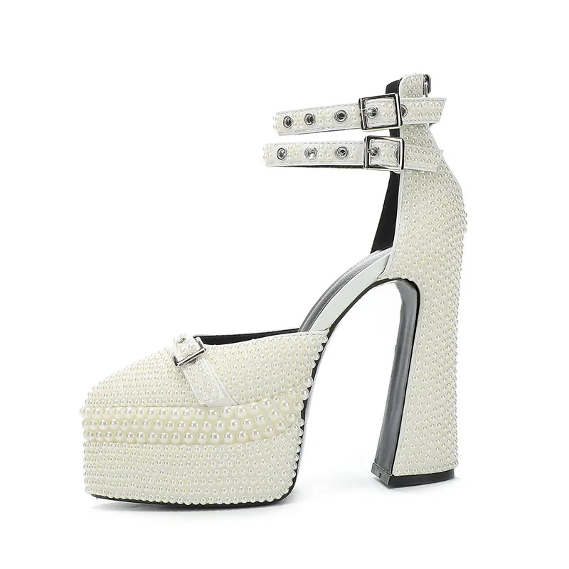 Luxury Handmade Full Pearls Beaded Ankle Strap Women Pumps Fashion Metal Buckle Platform Wedges High heels Party Wedding Shoes