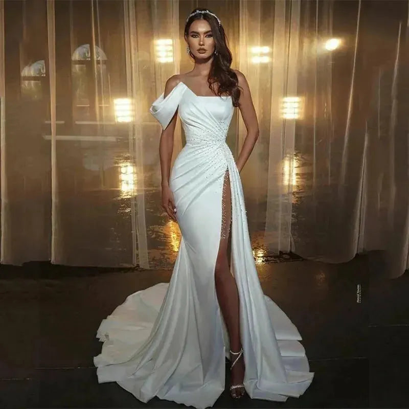 Elegant Tulle Mermaid Wedding Dresses Strapless Pleats Bride Dress Classic Sleeveless Wedding Gowns White