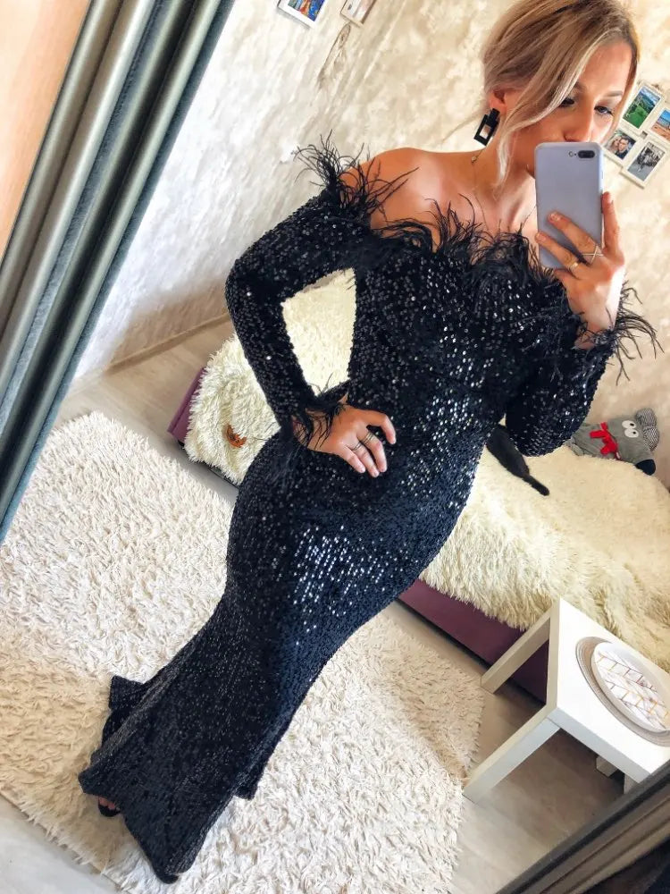 Shiny Sequined Velvet Party Gown Off Shoulder Feather Slash Neck Long Sleeve Stretchy Floor Length Mermaid Maxi Dress