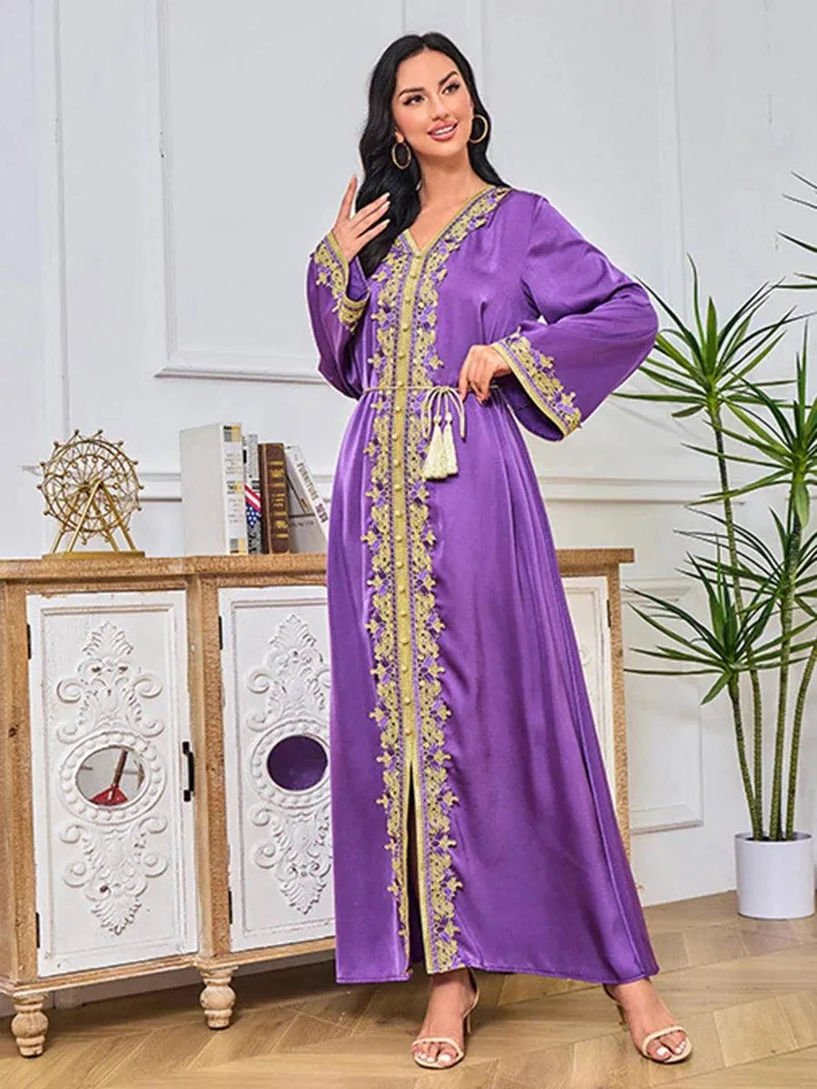 Abayah For Women Dubai Chic Solid Full Sleeve V-Neck Belted Clothing Elegant Casual Moroccan Long Dress Purple Dress