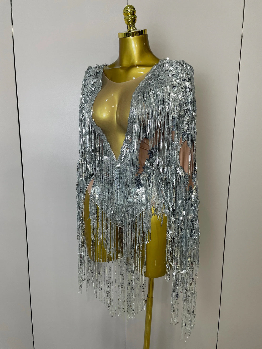 Flashing Sequins Tassels Sexy See-Through Sheath Bodysuit Evening Party Nightclub Dancer Stage Perfprmance Costume