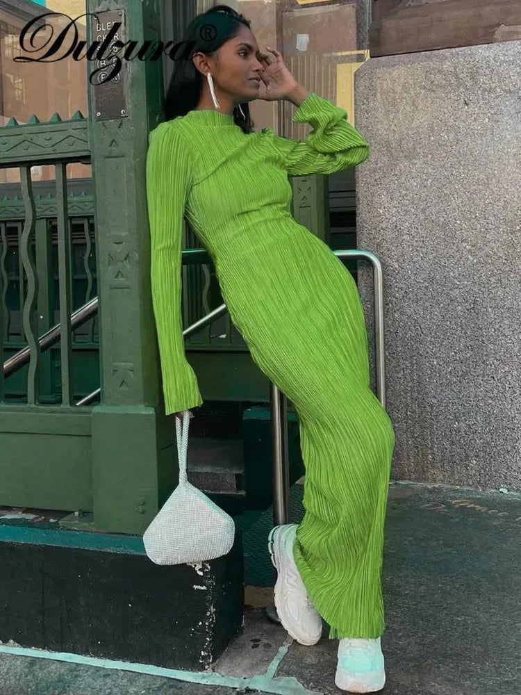 Dulzura Autumn Striped Ruched Ruffle Sexy Y2K Clothes Long Sleeve Bodycon Midi Dresses For Women Club Party Elegant Outfit