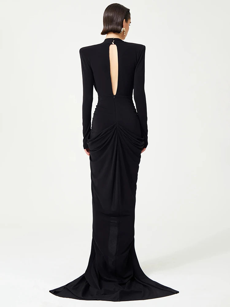 VC Black Deep V Plunge Long Dress Bead Sequins Butterfly Details Long Sleeves Slim High Slit Pleated Bodycon Party Evening Gowns